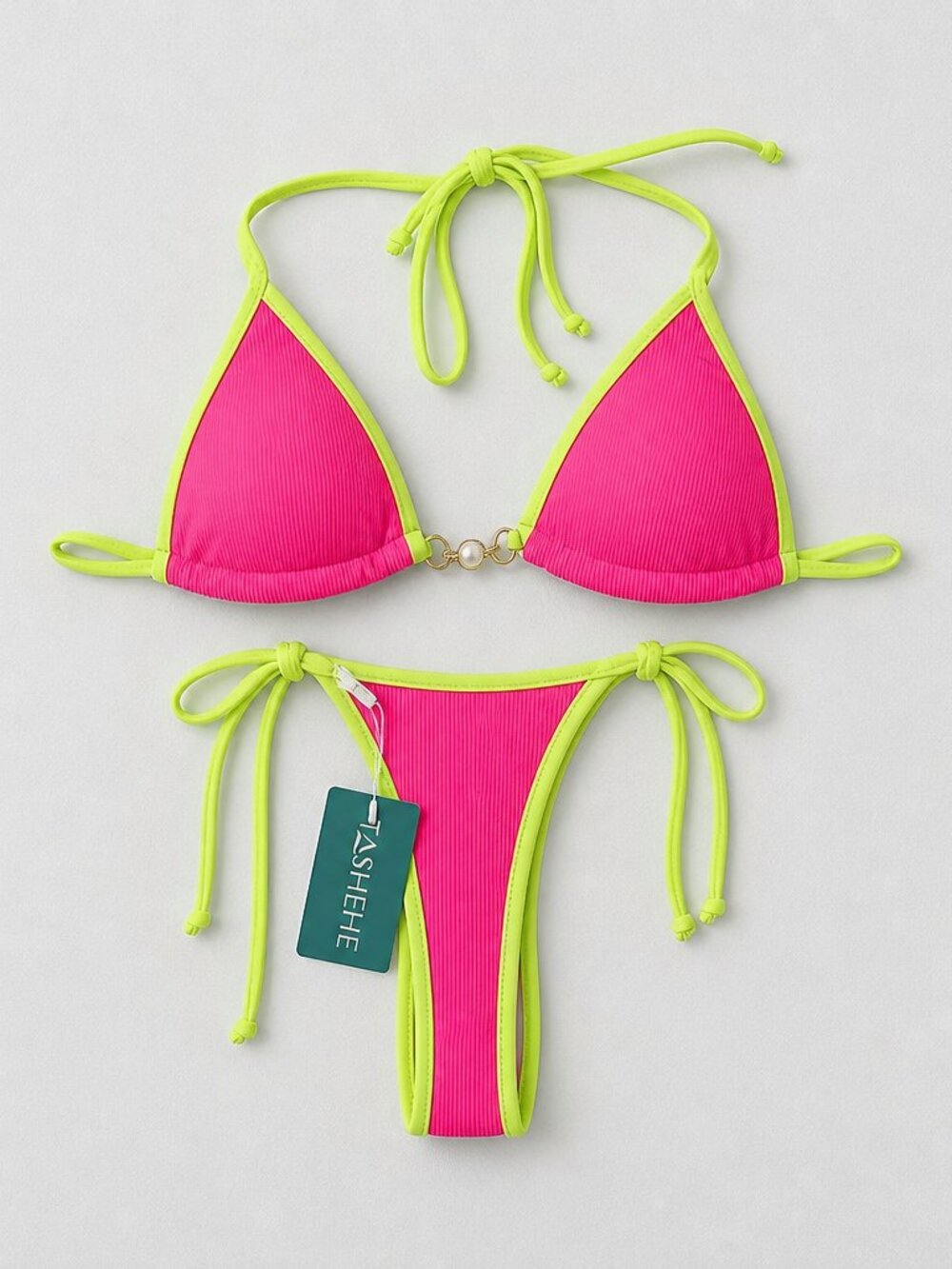 ZASHEHE Neon Pink Bikini Set with Lime Trim